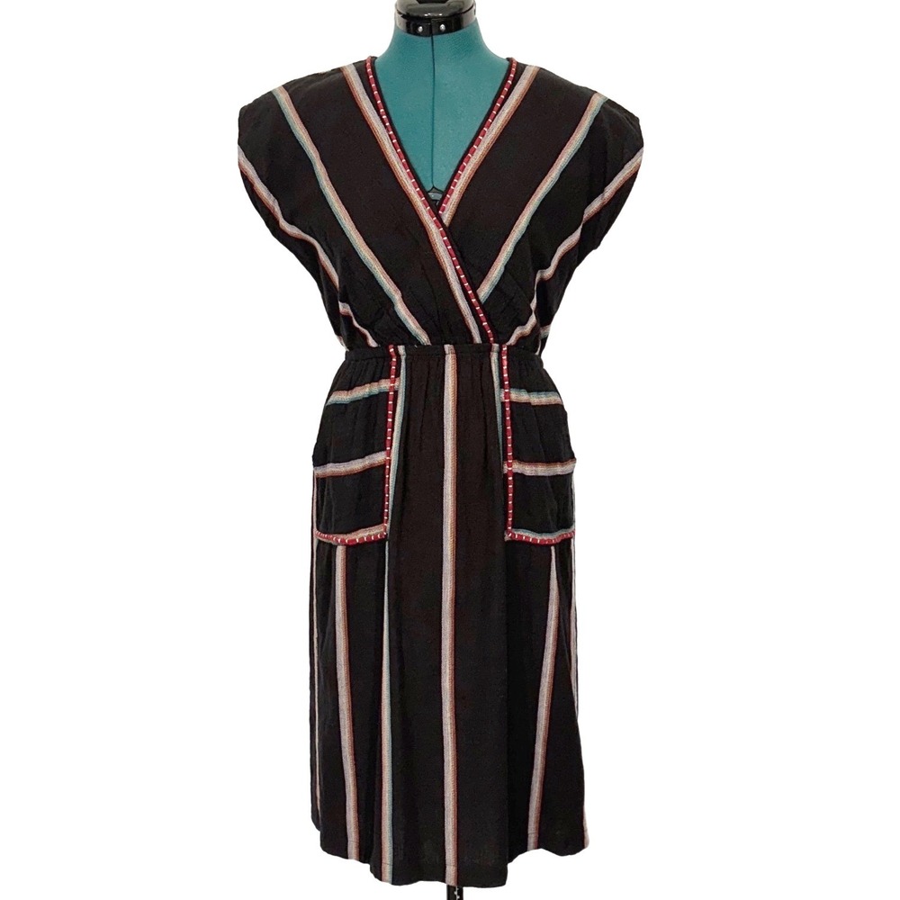 THML Embroidered Striped Midi Dress Small Black Gauzy Cotton V-Neck Pockets